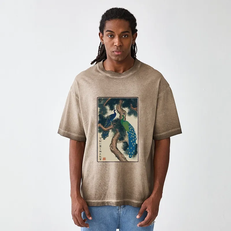 Tokyo-Tiger Peacocks in Snowy Pines Gradient Washed T-Shirt