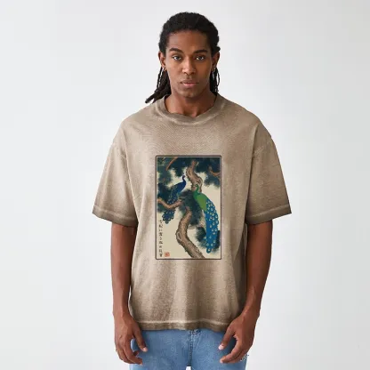 Tokyo-Tiger Peacocks in Snowy Pines Gradient Washed T-Shirt