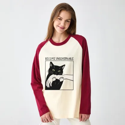 Tokyo-Tiger Black Cat Biting Raglan Long Sleeve T-shirt