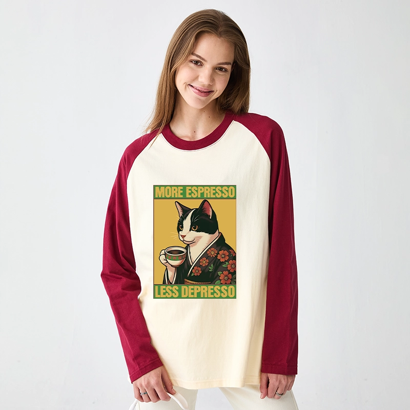 Tokyo-Tiger Tuxedo Cat Drinking Coffee Raglan Long Sleeve T-shirt