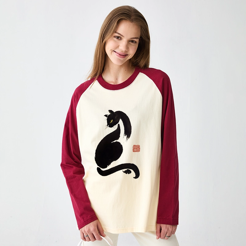 Tokyo-Tiger Elegant Black Cat Japan Raglan Long Sleeve T-shirt