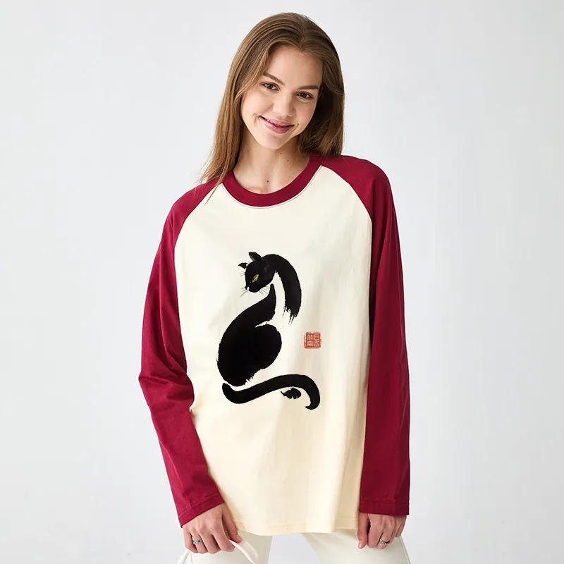 Tokyo-Tiger Elegant Black Cat Japan Raglan Long Sleeve T-shirt