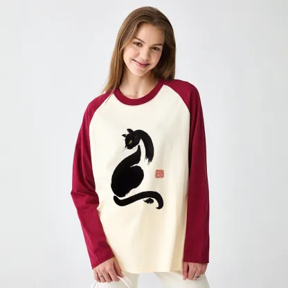 Tokyo-Tiger Elegant Black Cat Japan Raglan Long Sleeve T-shirt