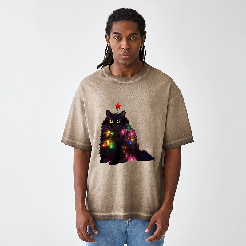 Tokyo-Tiger Christmas Lights Cat Gradient Washed T-Shirt