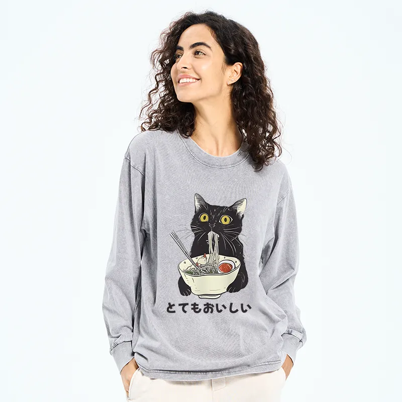Tokyo-Tiger Cats Eat Ramen Noodles Washed Long Sleeve T-Shirt