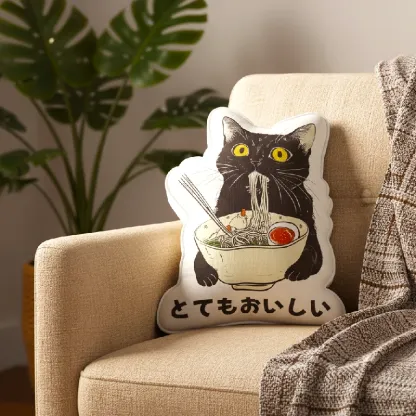 Tokyo-Tiger Cats Eat Ramen Noodles Shaped Throw Pillow