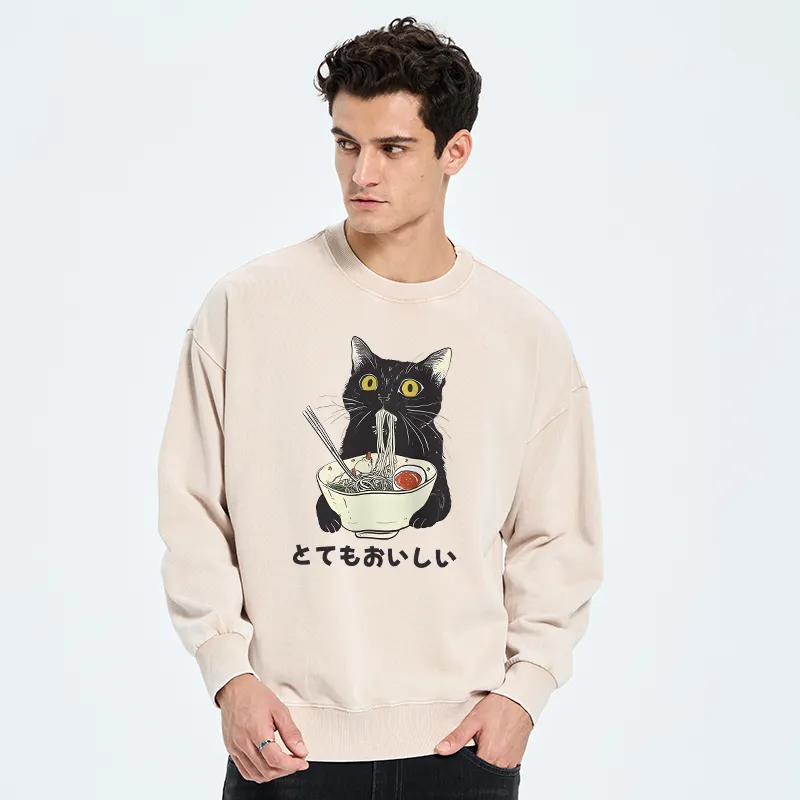 Tokyo-Tiger Cats Eat Ramen Noodles Washed Sweatshirt