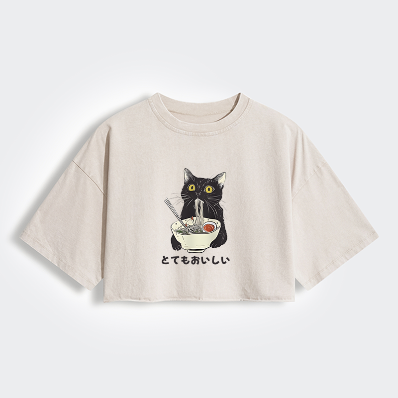 Tokyo-Tiger Cats Eat Ramen Noodles Women's Washed Crop T-Shirt