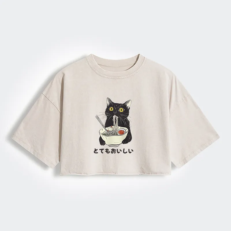 Tokyo-Tiger Cats Eat Ramen Noodles Women's Washed Crop T-Shirt