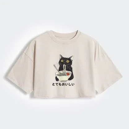 Tokyo-Tiger Cats Eat Ramen Noodles Women's Washed Crop T-Shirt