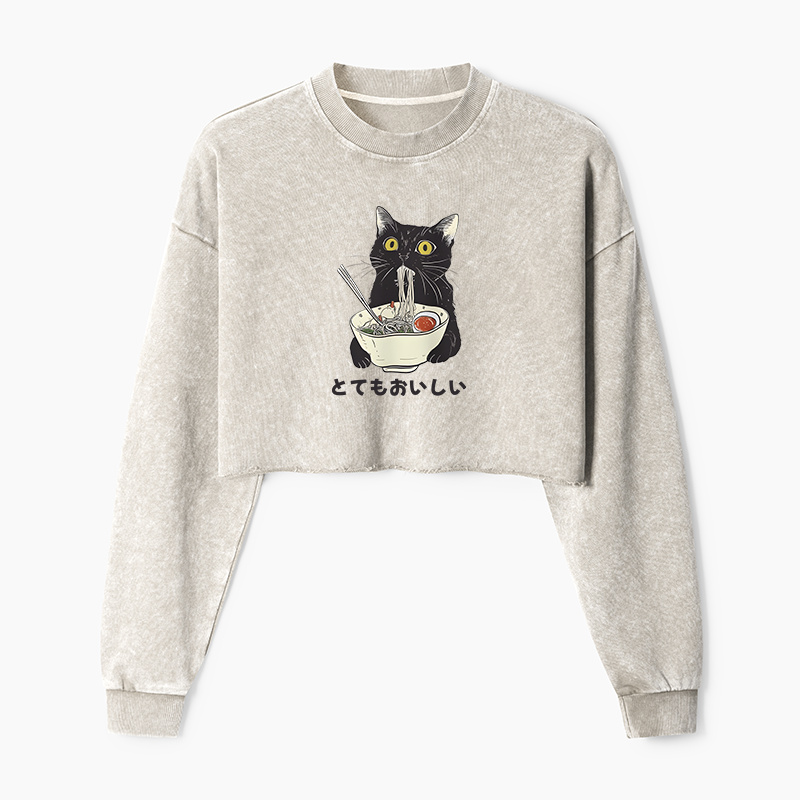 Tokyo-Tiger Cats Eat Ramen Noodles Washed Crop Sweatshirt