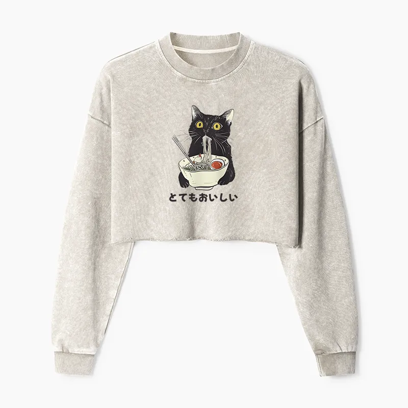 Tokyo-Tiger Cats Eat Ramen Noodles Washed Crop Sweatshirt