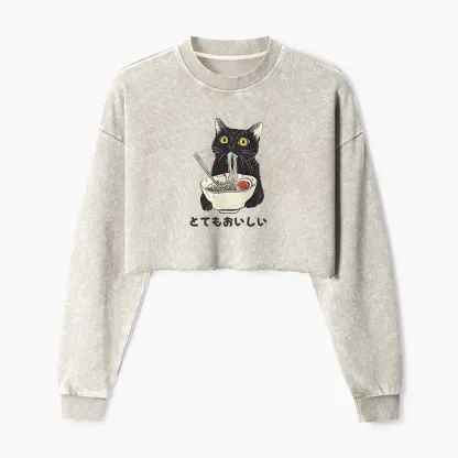 Tokyo-Tiger Cats Eat Ramen Noodles Washed Crop Sweatshirt