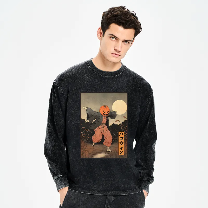 Tokyo-Tiger Japanese Pumpkin Monster Washed Long Sleeve T-Shirt