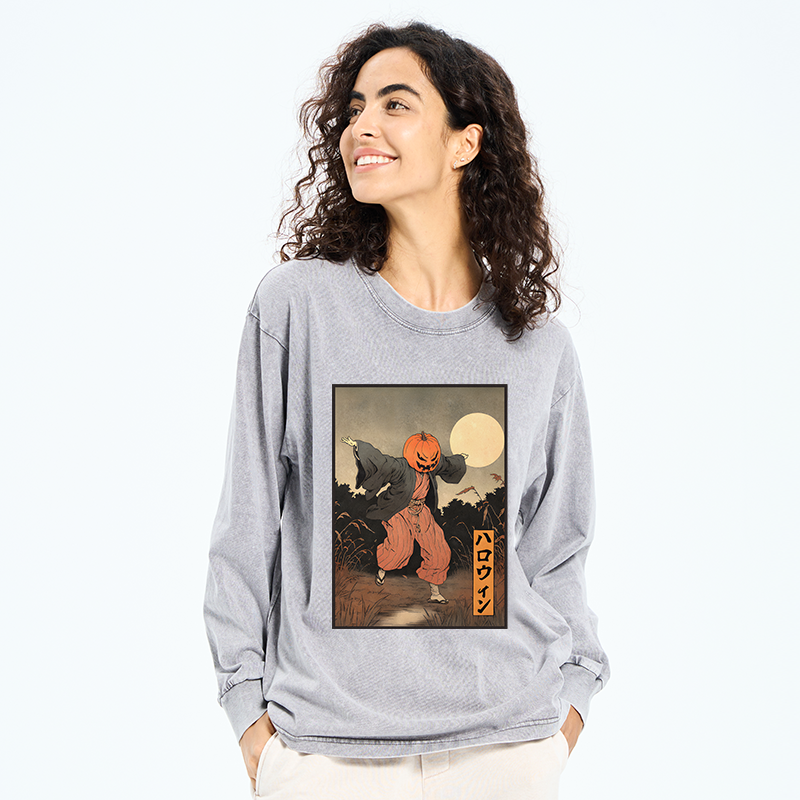 Tokyo-Tiger Japanese Pumpkin Monster Washed Long Sleeve T-Shirt