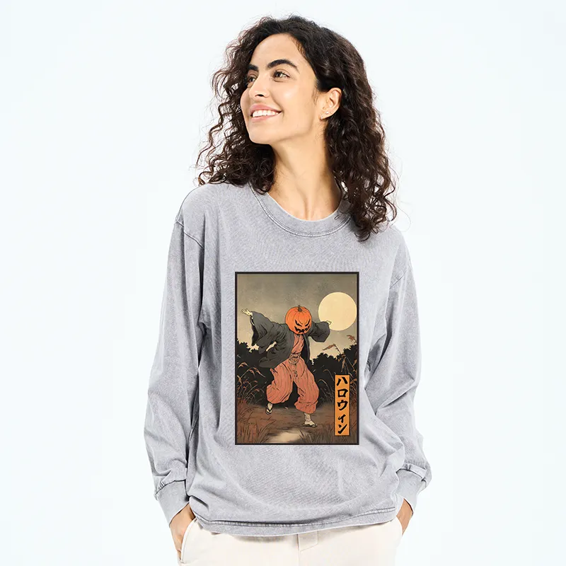 Tokyo-Tiger Japanese Pumpkin Monster Washed Long Sleeve T-Shirt