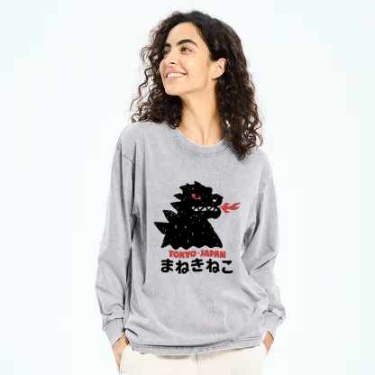 Tokyo-Tiger Japanese Fortune Cat Washed Long Sleeve T-Shirt