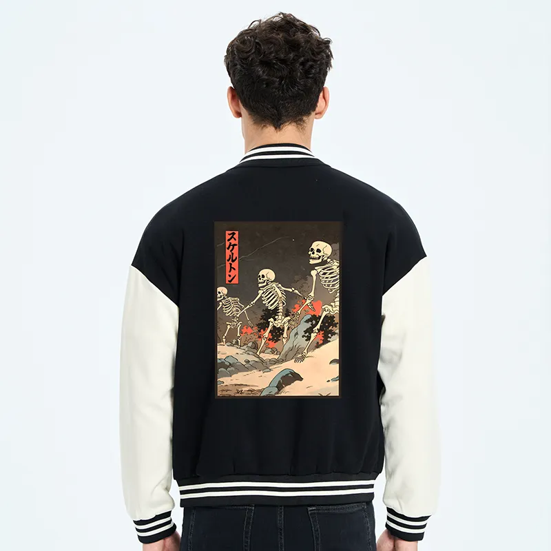 Tokyo-Tiger Japanese Rising Skeletons Embroidery Varsity Jacket