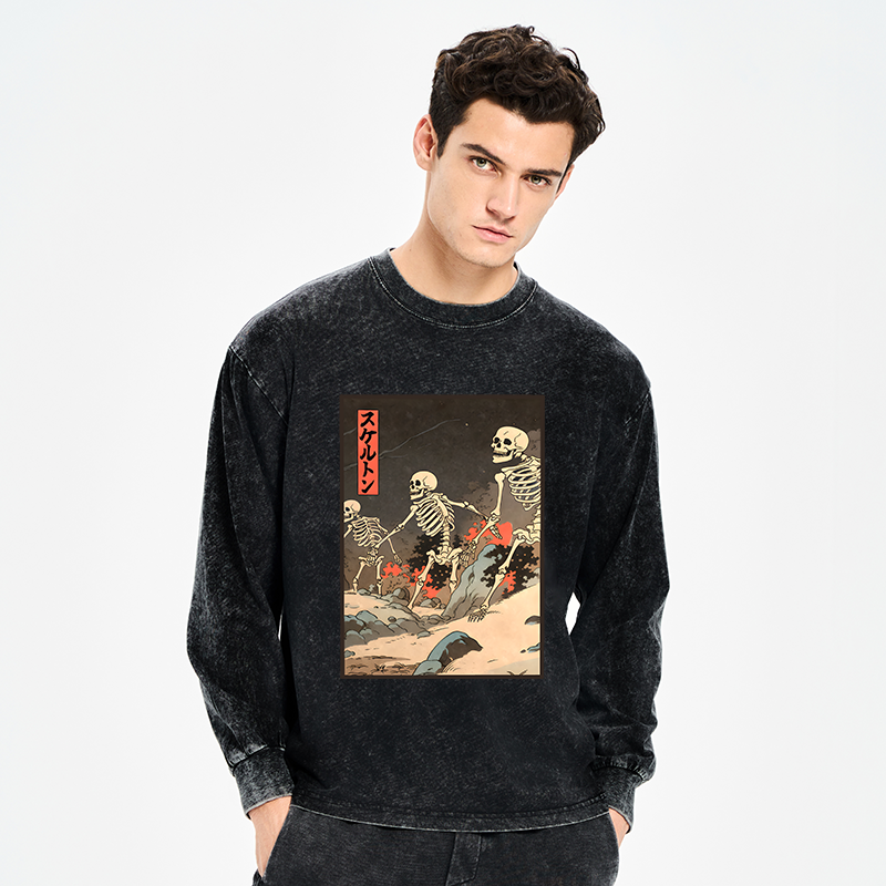 Tokyo-Tiger Japanese Rising Skeletons Washed Long Sleeve T-Shirt
