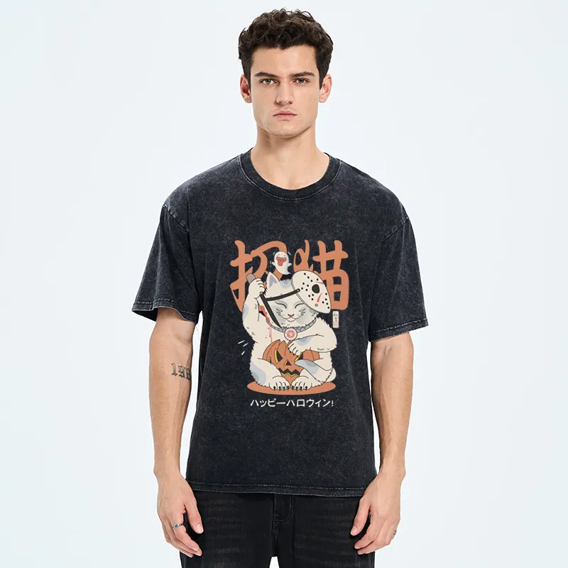 Tokyo-Tiger Halloween Cat Maneki Neko Japanese Washed T-Shirt