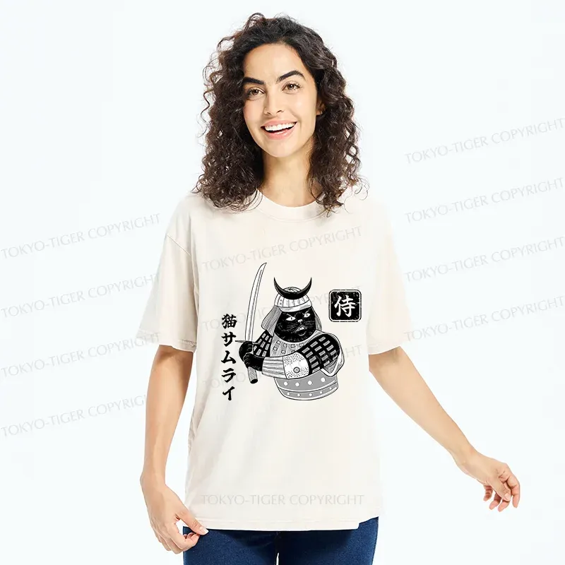Tokyo-Tiger Cat Samurai With Sword Washed T-Shirt
