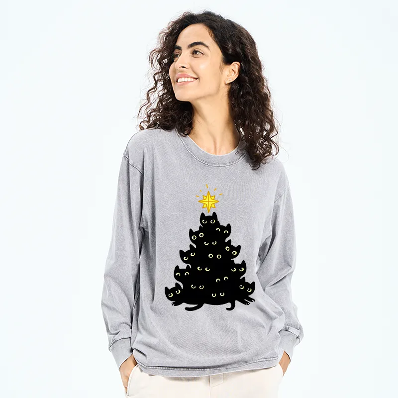 Tokyo-Tiger Black Cat Christmas Tree Washed Long Sleeve T-Shirt