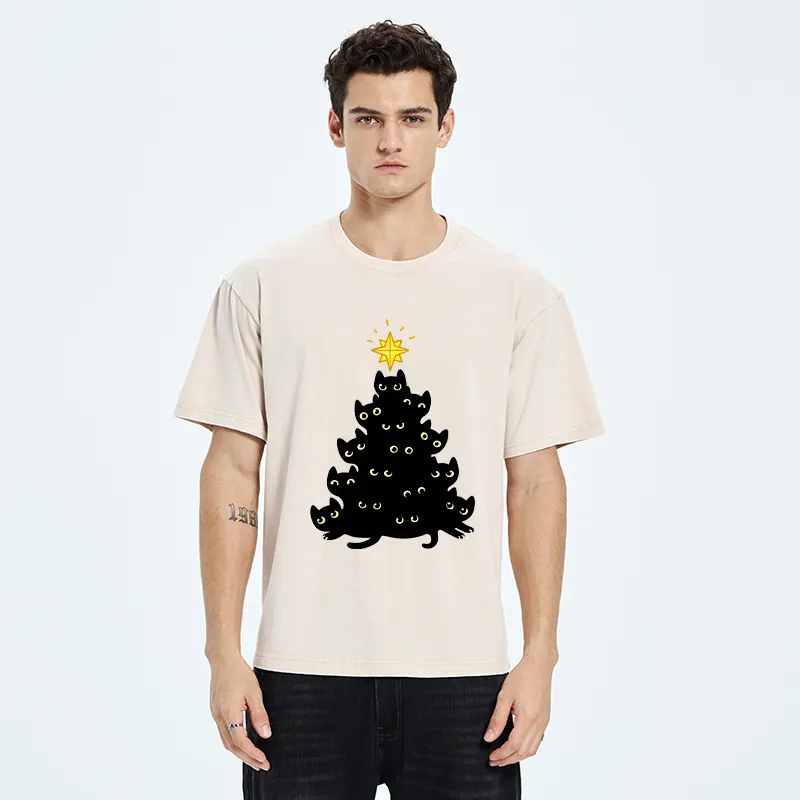 Tokyo-Tiger Black Cat Christmas Tree Washed T-Shirt