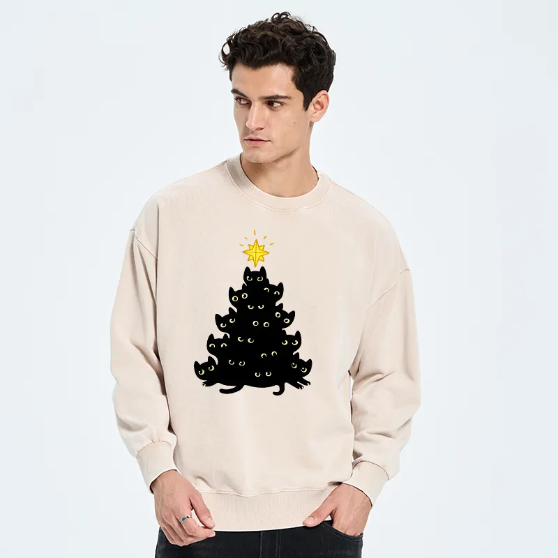 Tokyo-Tiger Black Cat Christmas Tree Washed Sweatshirt