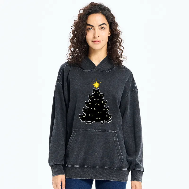 Tokyo-Tiger Black Cat Christmas Tree Washed Hoodie