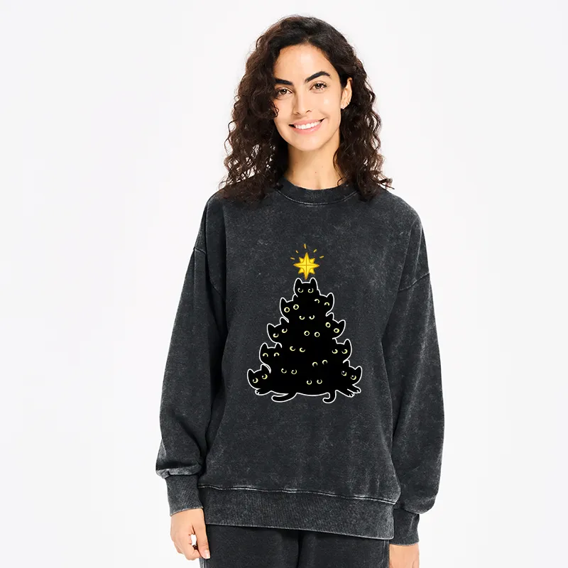 Tokyo-Tiger Black Cat Christmas Tree Washed Sweatshirt