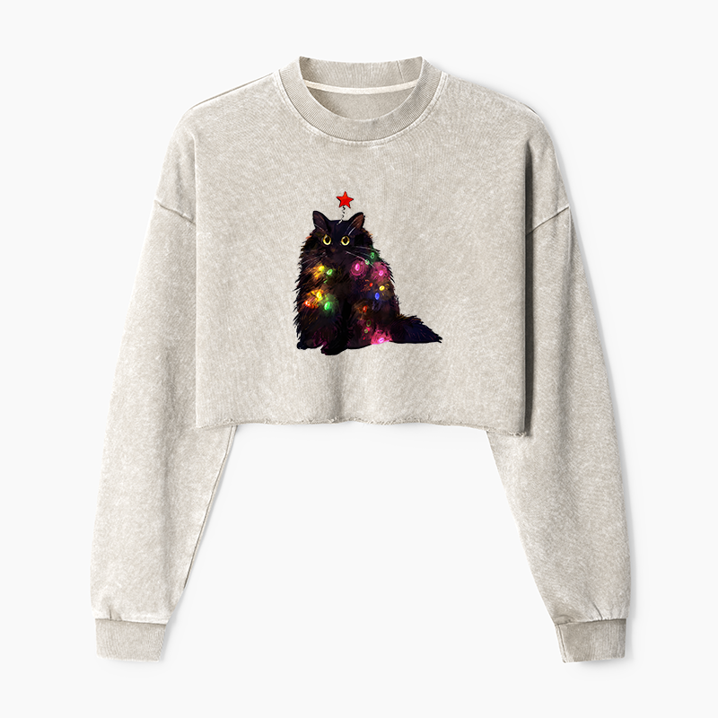 Tokyo-Tiger Christmas Lights Cat Washed Crop Sweatshirt