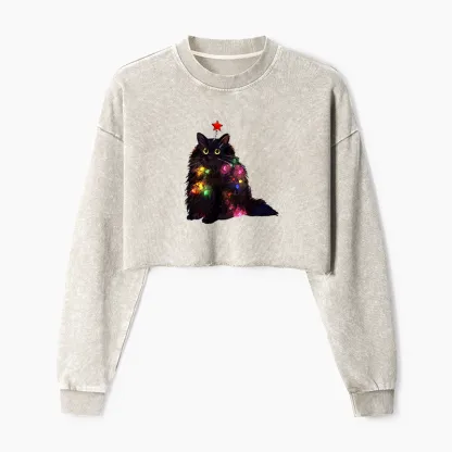 Tokyo-Tiger Christmas Lights Cat Washed Crop Sweatshirt