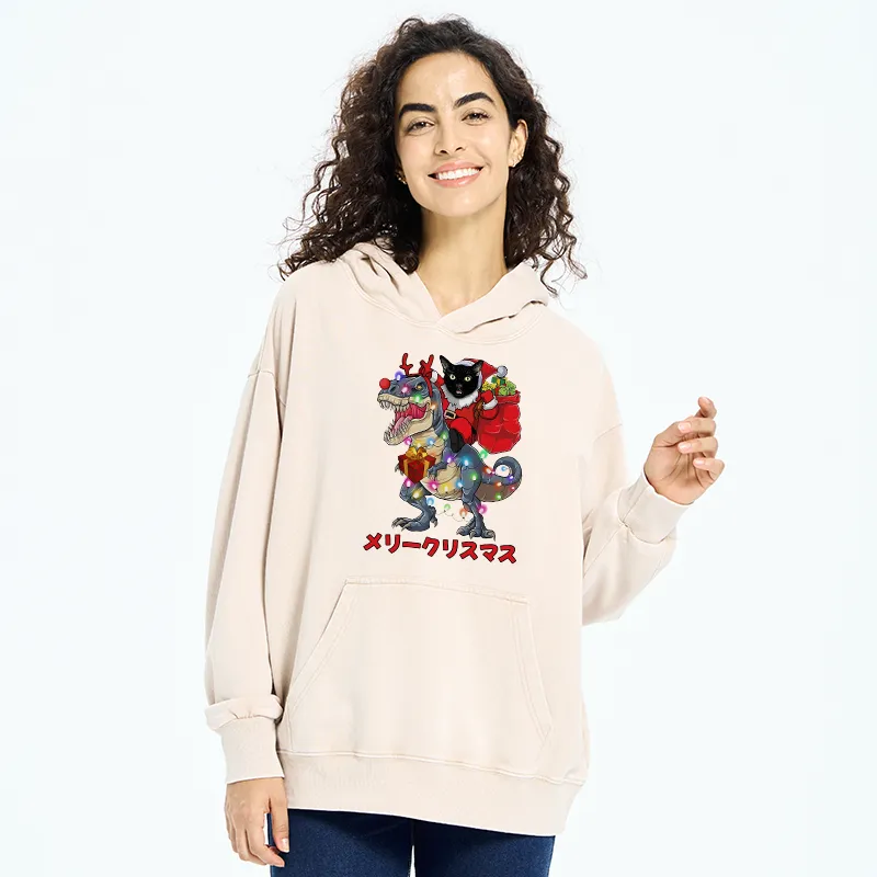 Tokyo-Tiger Cat Riding Dinosaur Christmas Washed Hoodie