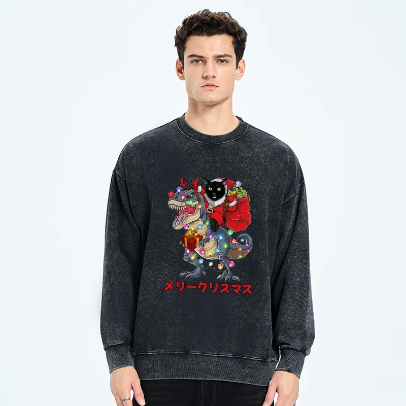 Tokyo-Tiger Cat Riding Dinosaur Christmas Washed Sweatshirt