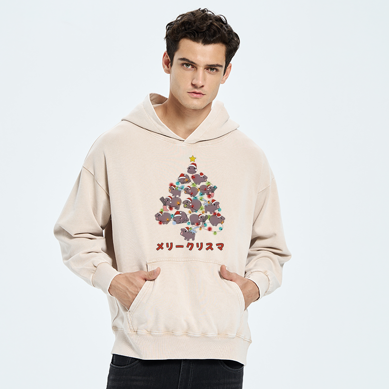 Tokyo-Tiger Moo Deng Christmas Tree Japanese Washed Hoodie
