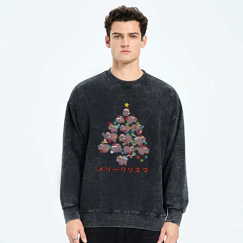 Tokyo-Tiger Moo Deng Christmas Tree Japanese Washed Sweatshirt