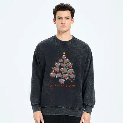 Tokyo-Tiger Moo Deng Christmas Tree Japanese Washed Sweatshirt