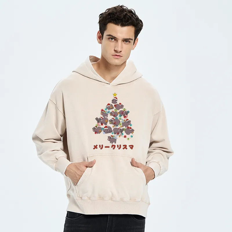 Tokyo-Tiger Moo Deng Christmas Tree Japanese Washed Hoodie