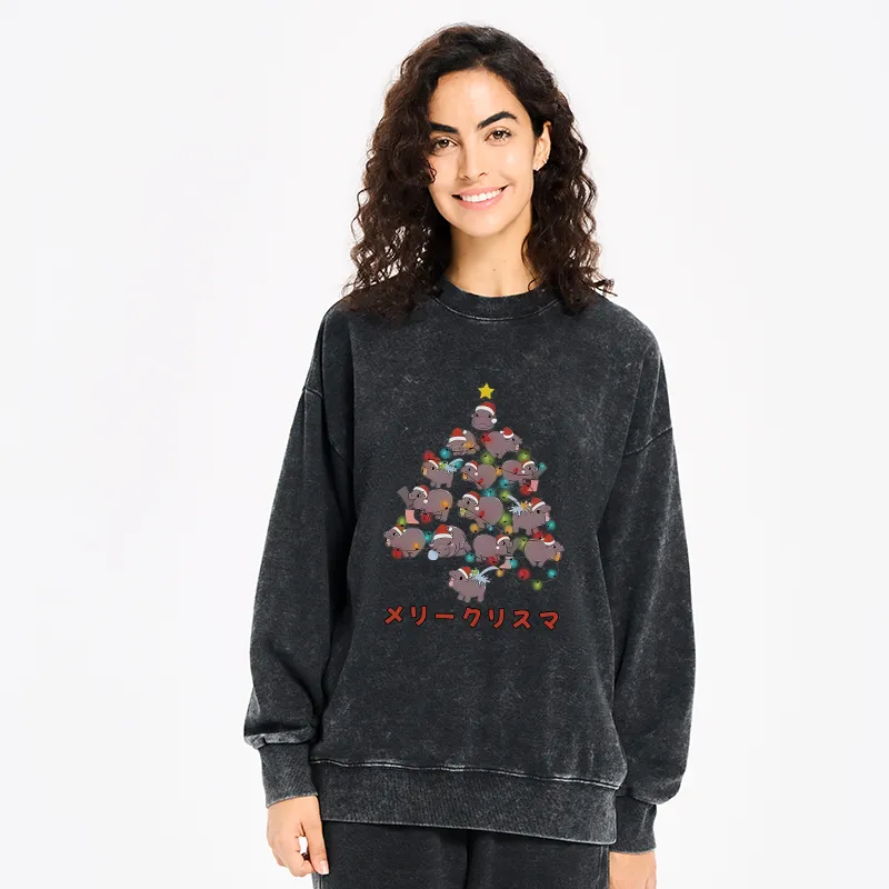 Tokyo-Tiger Moo Deng Christmas Tree Japanese Washed Sweatshirt