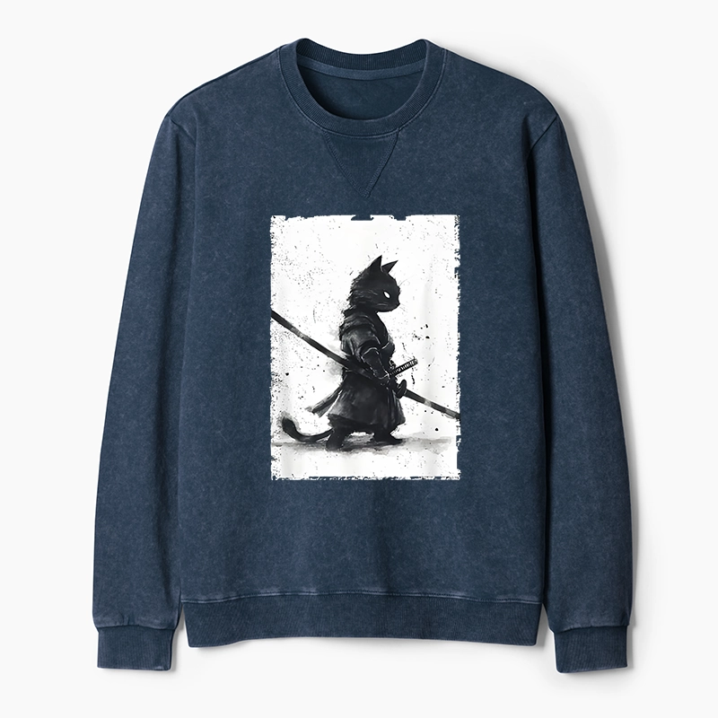 Tokyo-Tiger Retro Cat Samurai Japanese Washed Terry Sweatshirt