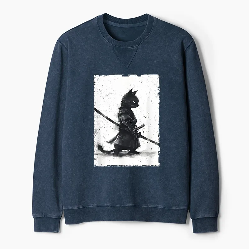 Tokyo-Tiger Retro Cat Samurai Japanese Washed Terry Sweatshirt