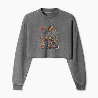 Tokyo-Tiger Folk Hare Bloom Washed Crop Sweatshirt