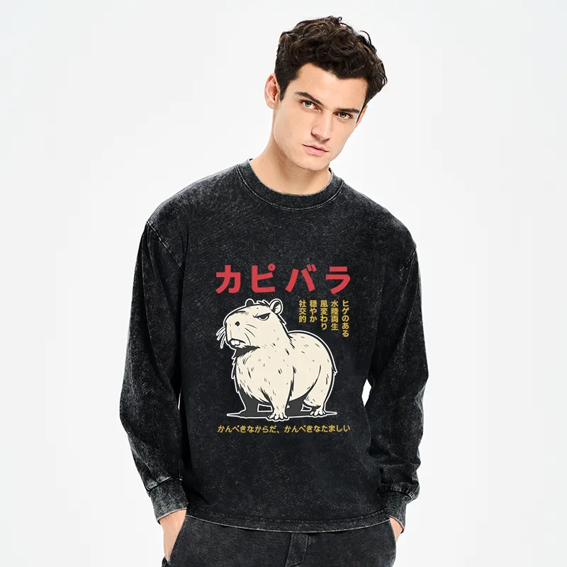 Tokyo-Tiger Angry Capybara Japan Washed Long Sleeve T-Shirt