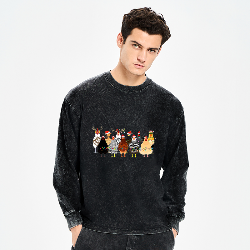 Tokyo-Tiger A Flock Of Christmas Chickens Washed Long Sleeve T-Shirt