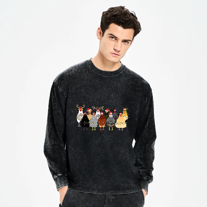Tokyo-Tiger A Flock Of Christmas Chickens Washed Long Sleeve T-Shirt
