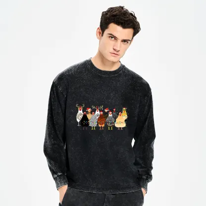 Tokyo-Tiger A Flock Of Christmas Chickens Washed Long Sleeve T-Shirt