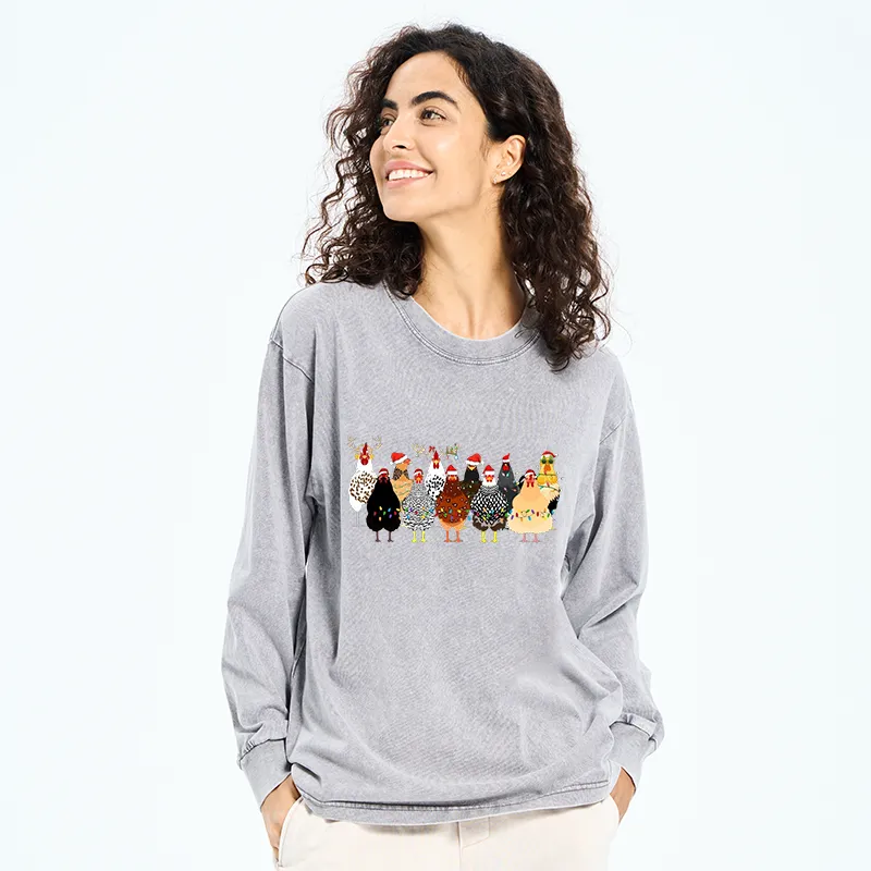 Tokyo-Tiger A Flock Of Christmas Chickens Washed Long Sleeve T-Shirt