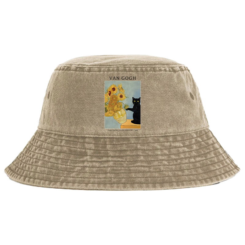 Tokyo-Tiger Black Cat With Sunflowers Washed Bucket Hat