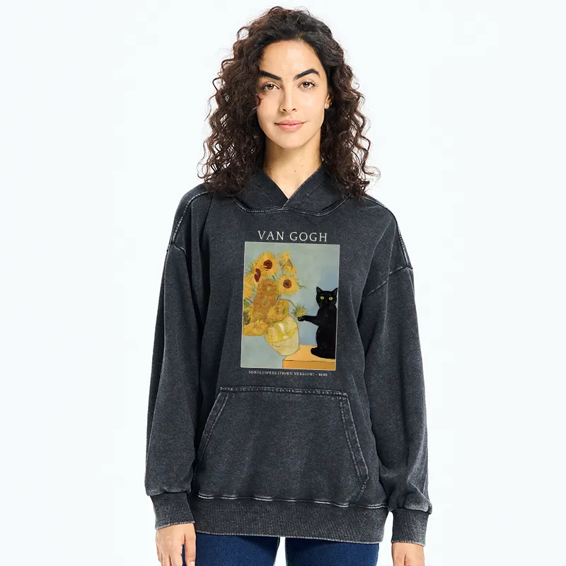 Tokyo-Tiger Black Cat With Sunflowers Washed Hoodie