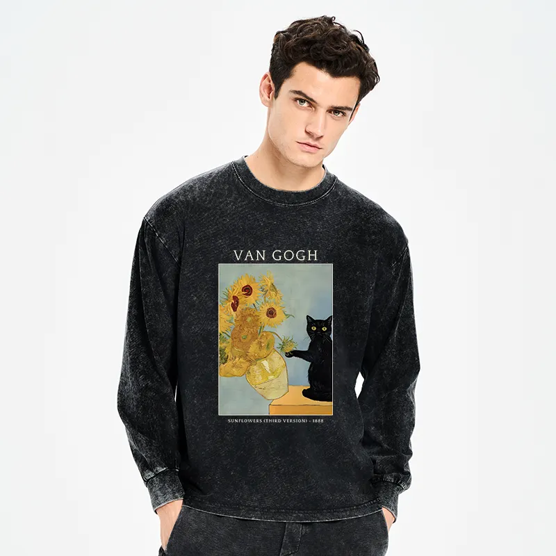 Tokyo-Tiger Black Cat With Sunflowers Washed Long Sleeve T-Shirt